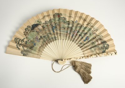 Printed paper fan, with Japanese figures in a landscape, 1880s by Unbekannt Unbekannt